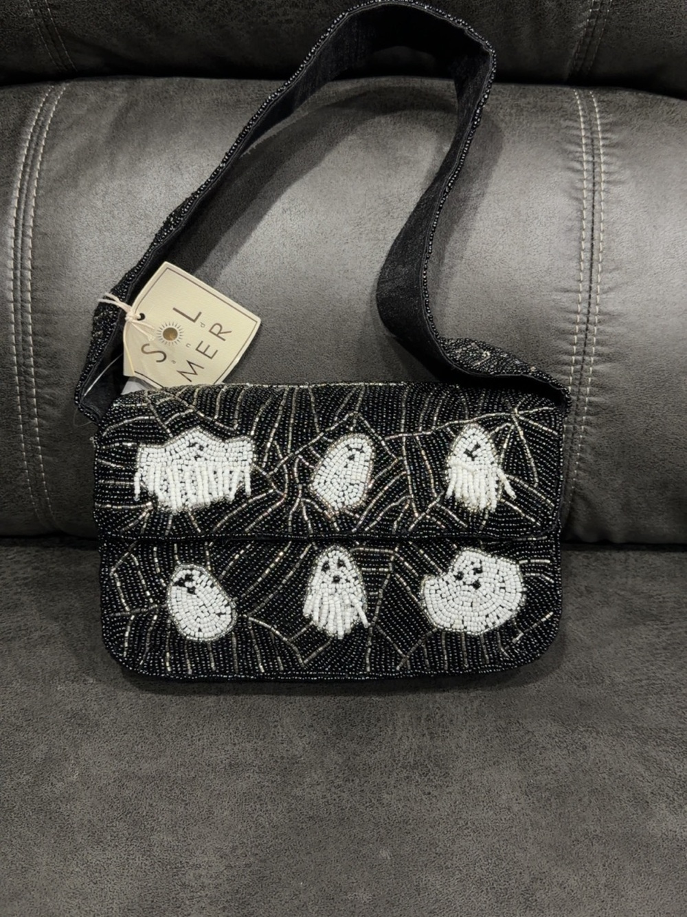 Black Beaded Ghost Crossbody Shoulder Bag